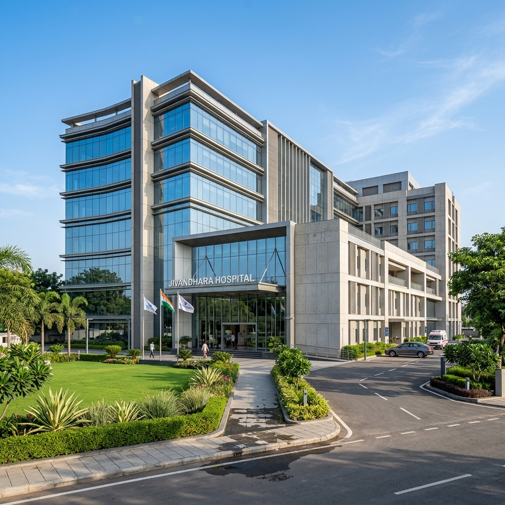 Exterior facade of Jivandhara Hospital, a modern multi-story medical facility in Botad with premium glass architecture.