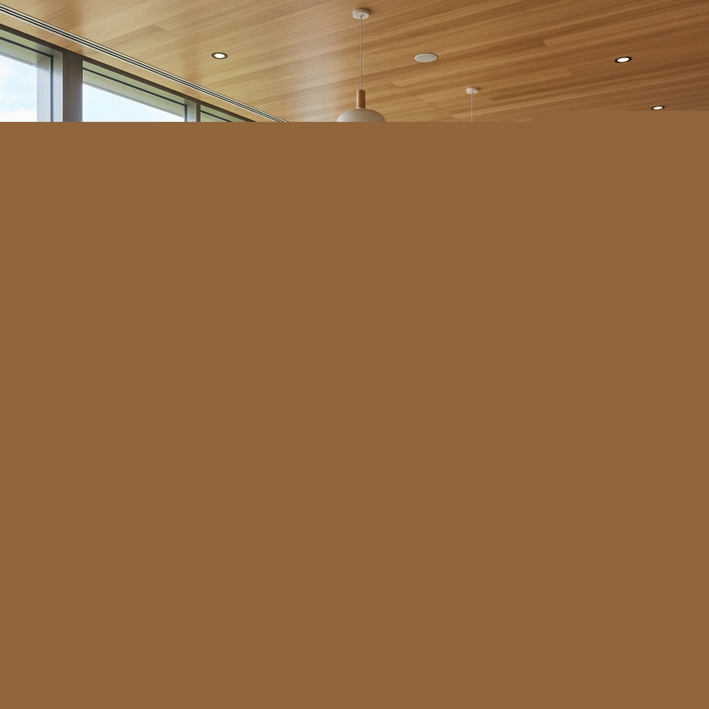Comfortable patient waiting lounge with soft seating, wood ceiling, and tall windows looking out.